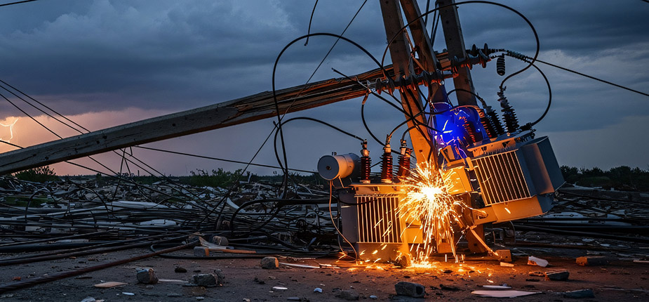 A power pole downed by a storm with a sparking wire